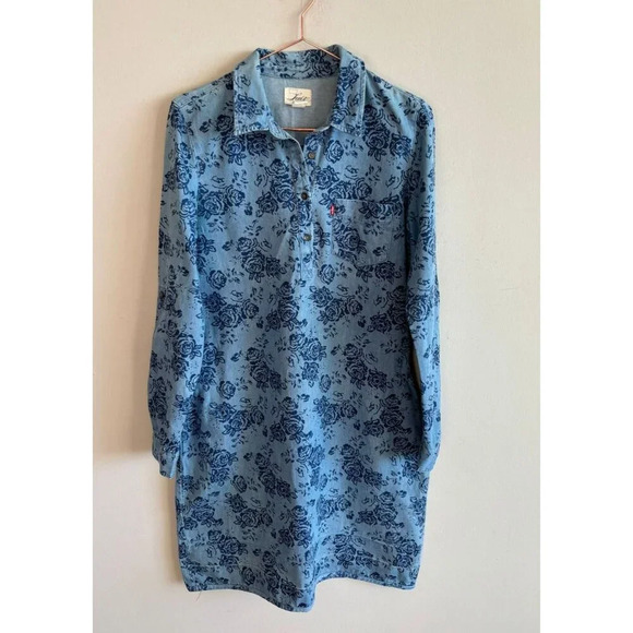 Levis Womens Floral Denim Long Sleeve Shirt Dress Collared Knee Length Blue Sz M - Picture 1 of 9